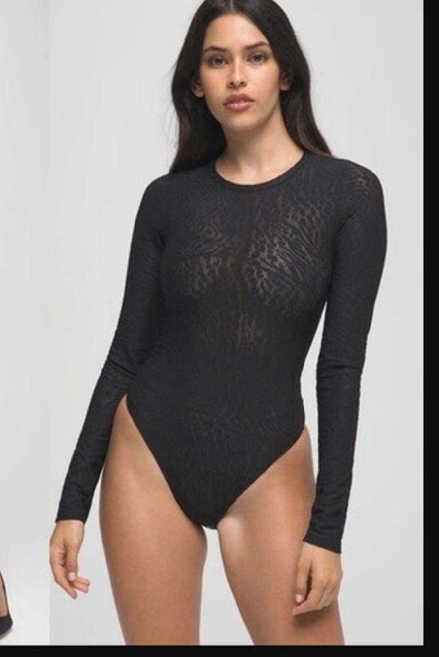 Good American Brushed Animal Print Mesh Bodysuit NWT Size 4 Long Sleeve Black